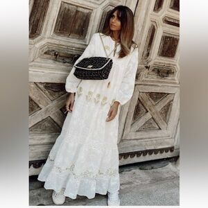 Zara White Maxi Dress with yellow floral embroidery. Size Large.